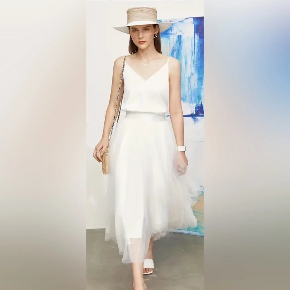 White Satin Tank Top | V-Neck Silk Camisole Spaghetti Strap | XL | New - Picture 4 of 5